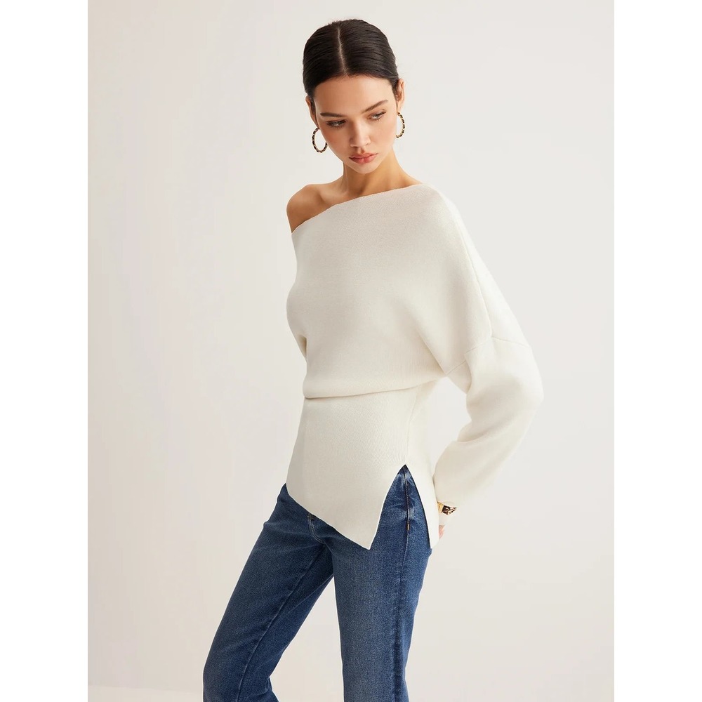 COMMENSE Luxe Wool Blend Asymmetrical Neck Knit Top White M US 6 NWT